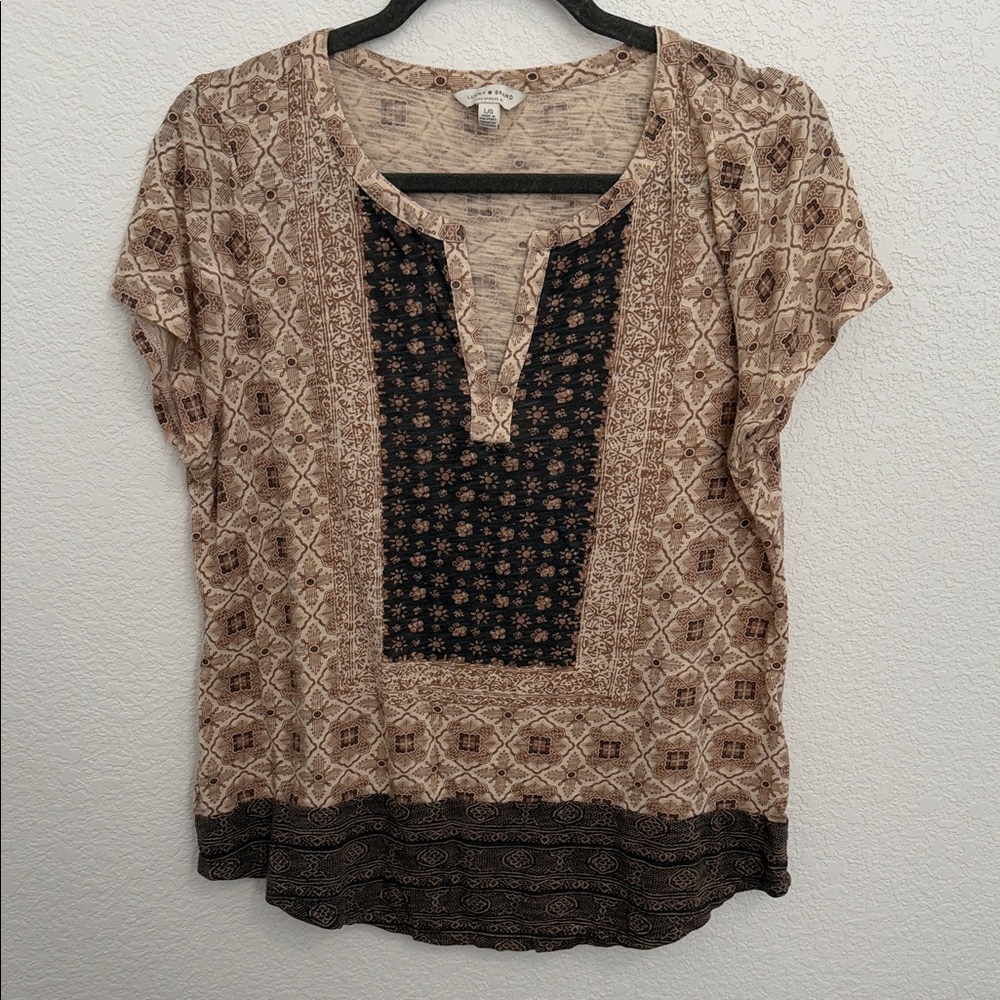 Lucky Brand  EUC Beige and Black Boho Top Size L